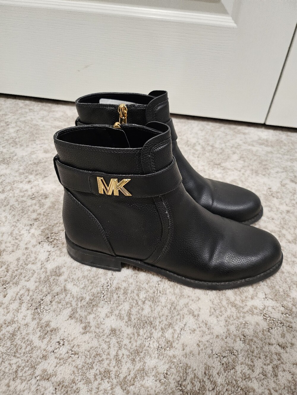 Michael Kors Black Leather Ankle Boots with Gold MK Accent